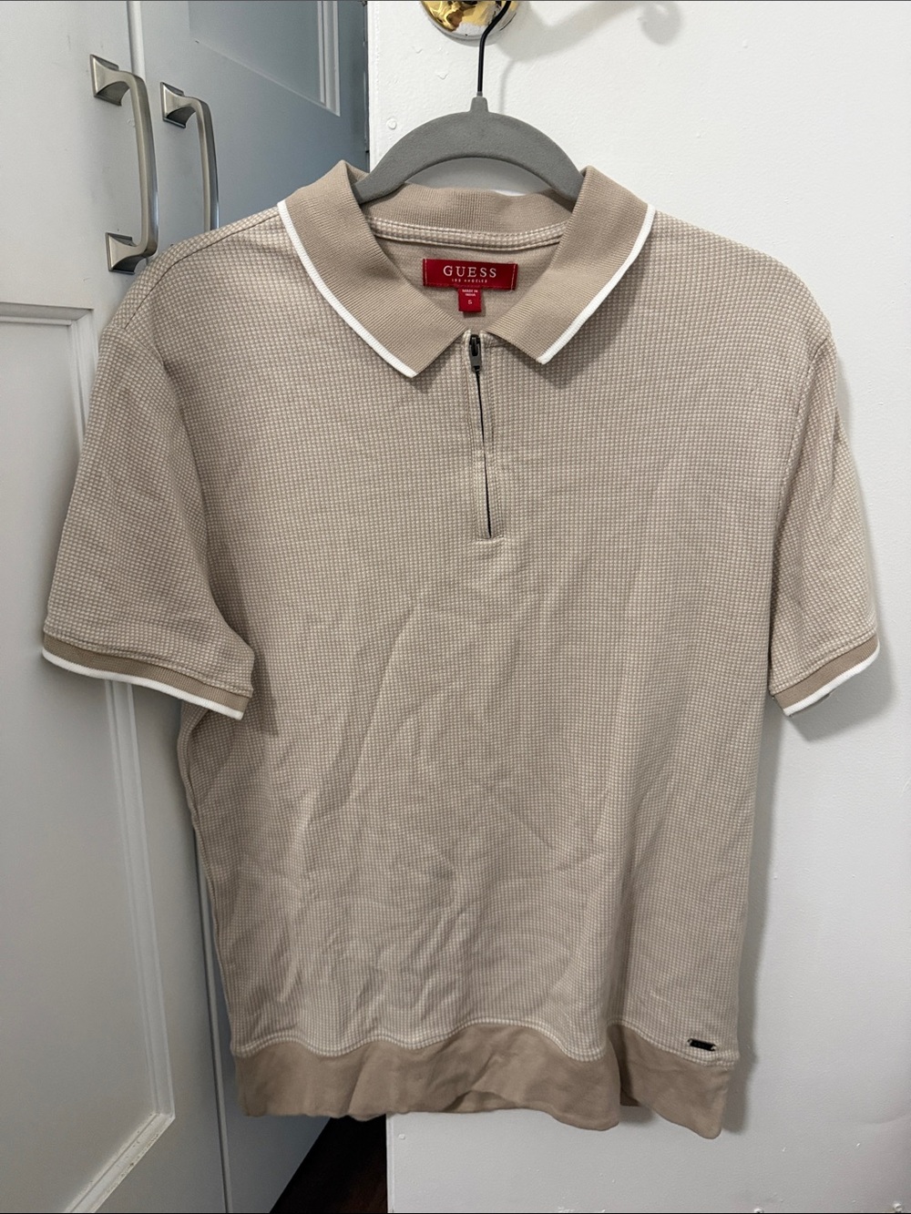GUESS Men's Beige Polo with White Trim and Zip